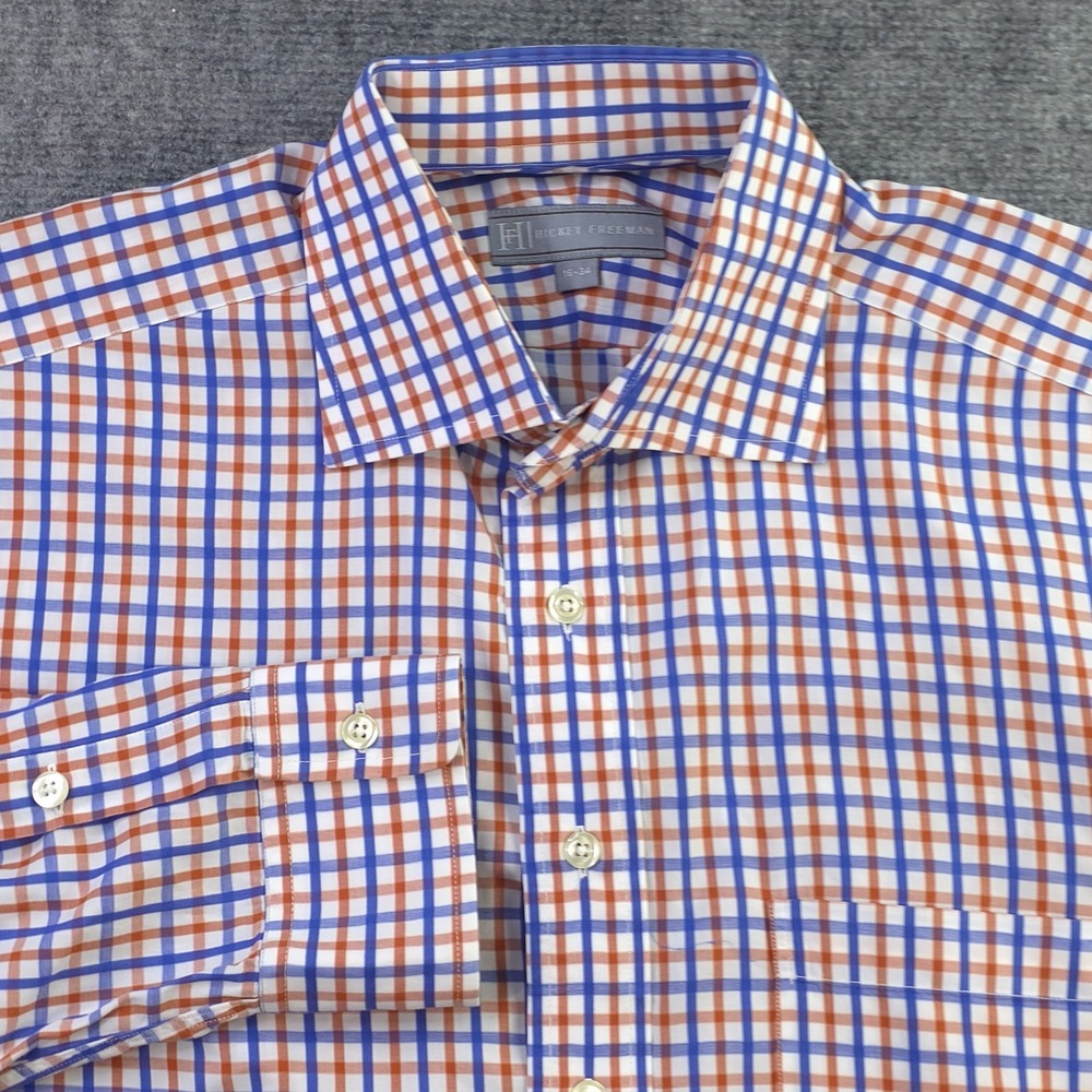 Hickey Freeman Dress Shirt 16 34 Orange Blue Check‎ Spread Collar Cotton